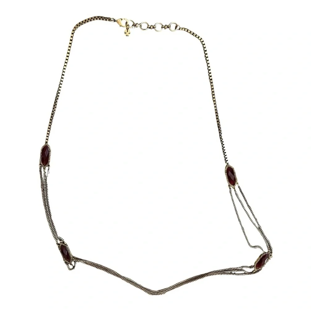 Lucky Brand Marcasite Red Crystal Station Layer‎ Necklace Gold Tone